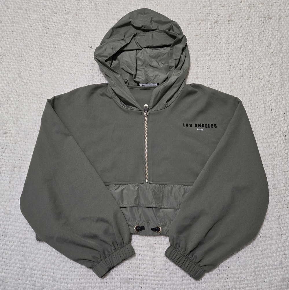ZARA Olive Green Los Angeles Hoodie Half Zip Cropped Pullover Size Large - Picture 9 of 16